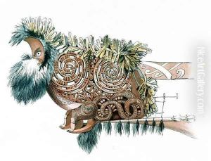Richly decorated head of a war canoe belonging to Rauparaha by George French Angas