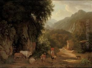 An Italianate Landscape With Travellers And Peasants On A Mountaintrack