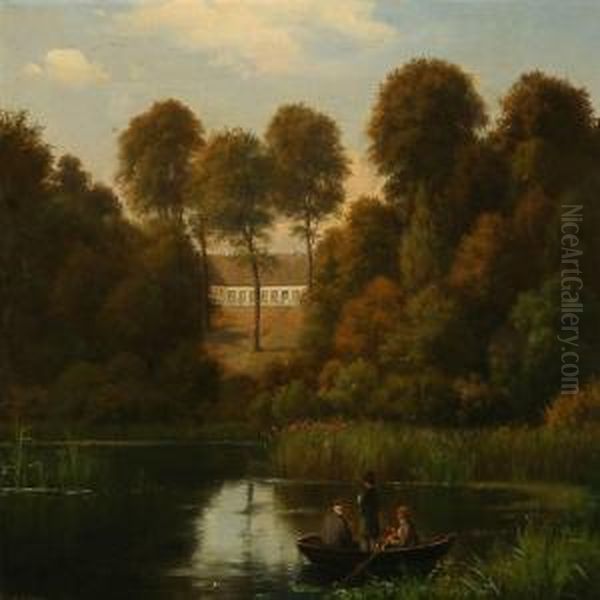 Summer Day With Three Men In A Rowing Boat, In The Background A Proprietary Farm - view 1