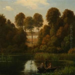 Summer Day With Three Men In A Rowing Boat, In The Background A Proprietary Farm