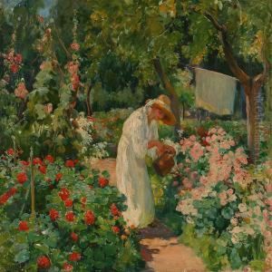 Garden With A Woman Watering The Flowers