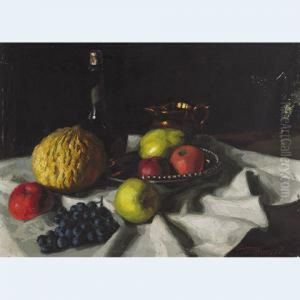 Apples, Grapes, Fruit And Wine On A Table by Valeria Telkessy