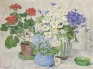 Primulas, Anenomes, Cornflowers In Vases And Pelagoniums In A Poton A Draped Table by Valeria Telkessy