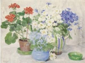 Primulas, Anenomes, Cornflowers In Vases And Pelagoniums In A Pot On A Draped Table; And Spring Blossoms