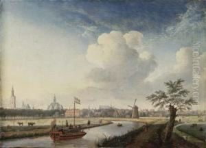 A Cappricio View Of The Hague, With Figures Walking Along A Riverand A Barge