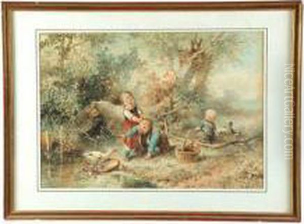 Three Children Playing Near A Mother Goose - view 1