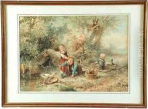 Three Children Playing Near A Mother Goose by Jan Jacob Lodewijk Ten Kate