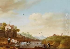 A River Landscape by Johannes Willem Tengeler