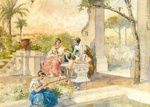 A Classical figure fishing beside a pool in an ornate garden by Cesare Felix dell' Acqua