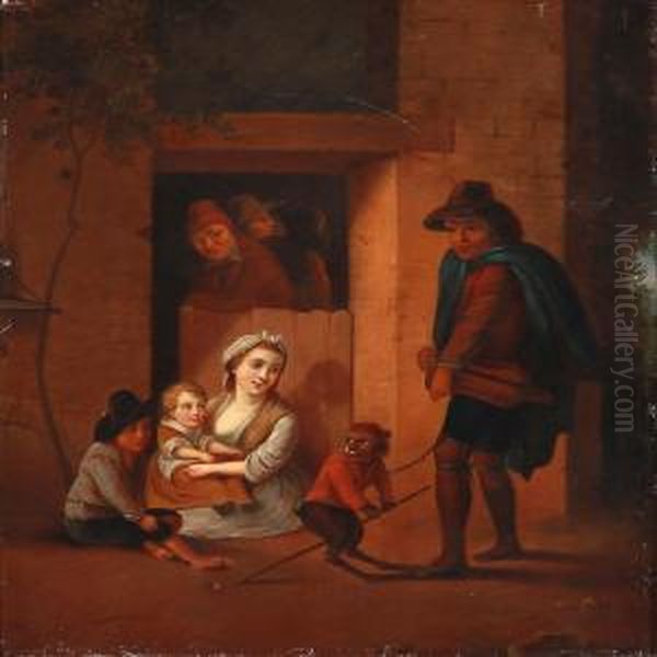 A Man Entertains A Family With His Monkey - view 1