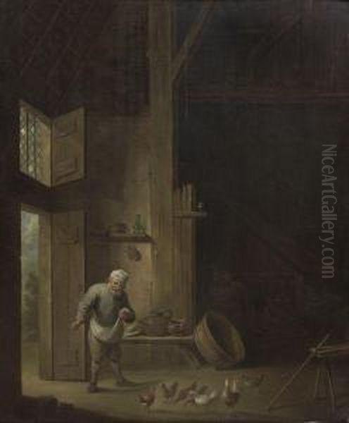 Interieur De Grange Avec Paysan Nourrissant Ses Poules - view 1