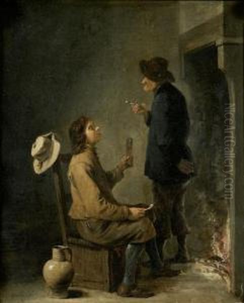 Two Men Smoking And Drinking Before An Open Fire - view 1