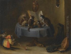 An Interior Scene With Cats, Monkeys And Owls Making Music by David The Younger Teniers