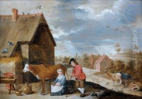 Couple De Fermiers Dans La Cour De Leur Ferme - view 1