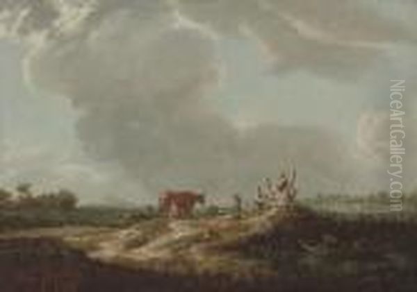 Children Playing By A River, A Milkmaid With Cattle Beyond - view 1