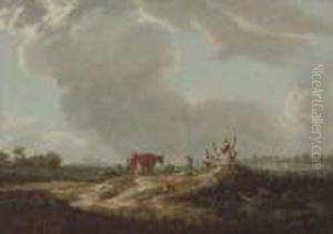 Children Playing By A River, A Milkmaid With Cattle Beyond by John F Tennant