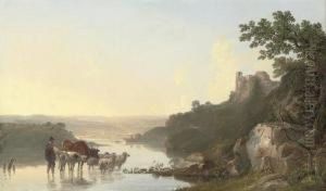 A Wooded River Landscape With A Shepherd And His Cattle In The Foreground, A Castle Beyond by John F Tennant
