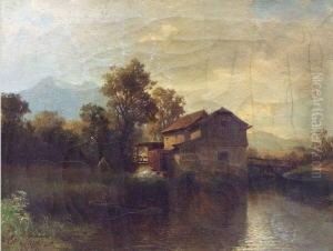 Wassermuhle Mit Wehr, Baum Und Figurenstaffage In Hugeliger Landschaft by Eduard Tenner