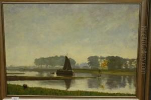 Platbodem In Rivierlandschap by Frederik Adolph Tepe
