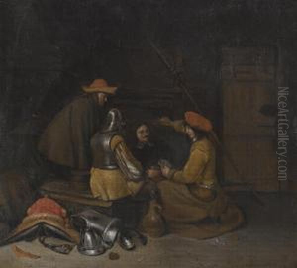 A Guardroom Interior With Four Figures Drinking And Playing Cards - view 1