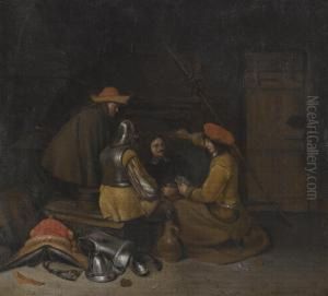 A Guardroom Interior With Four Figures Drinking And Playing Cards by Gerard Terborch