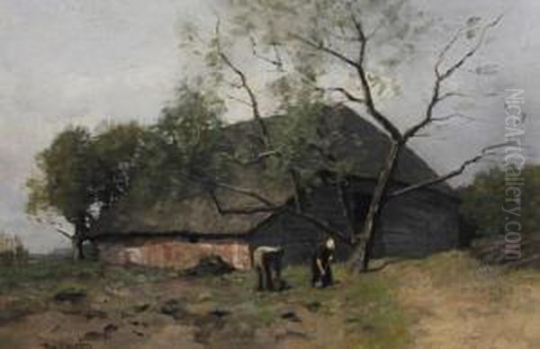 Farmworkers Before A Thatched Barn - view 1