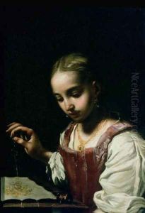A Girl Sewing by Antonio Amorosi