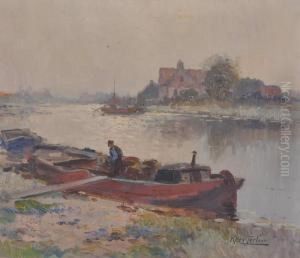Barges On A Dutch Canal by Kees Terlouw