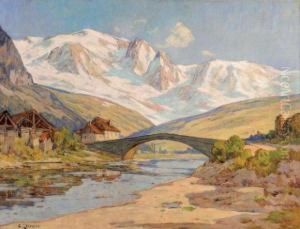 Le Pont Saint Martin Et La Chaine Du Mont Blanc by Clovis Frederick Terraire