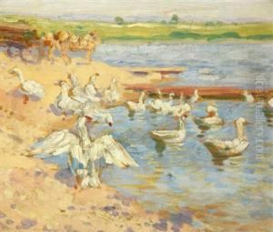 Geese On A Lake by August Ters