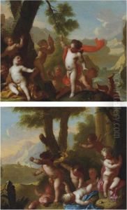 Putti Disporting In A River Landscape by Matheus Terwesten