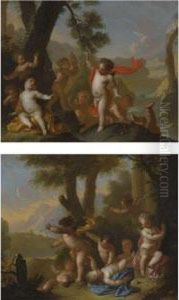 Landscapes With Putti Cavorting In A Landscape by Matheus Terwesten