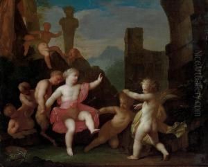 A Bacchanal Of Putti And Infant Fauns, With Cupid Shooting An Arrow At A Young Girl
