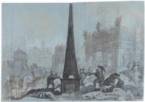 A Monumental Battle Scene By An Obelisk And A Classicalgate