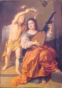 Allegory Of Music With Fame Crowning A Woman Playing A Throrba by Augustinus I Terwestenl Parodijsvogel
