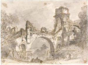 View Of A Fantastical Bridge, With Trees And Figures by Mauro Antonio Tesi