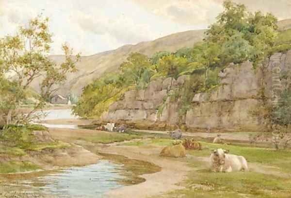Cattle resting on the banks of a river with a fisherman beyond - view 1