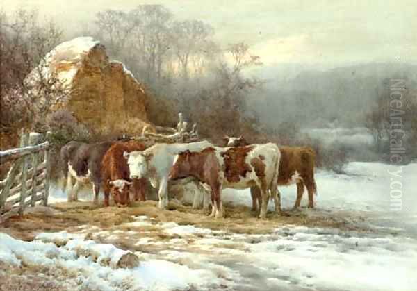 Wintertime, cattle by a fence - view 1