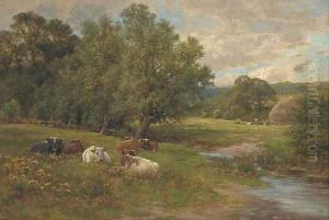 Cattle resting by a brook by Charles James Adams