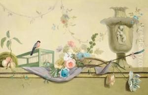 Roses In A Wicker Basket, Peaches, A Finch Andan Urn On A Stone Ledge