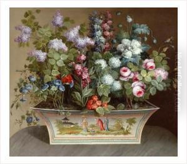 Nature Morte Au Bouquet De Fleurs Dans Un Vase Au Decor Chinois - view 1