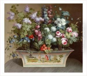 Nature Morte Au Bouquet De Fleurs Dans Un Vase Au Decor Chinois
