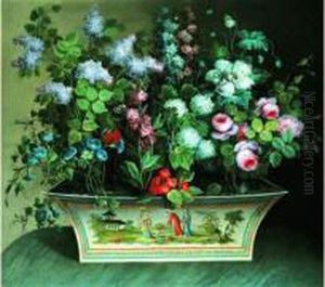 Nature Morte Au Bouquet De Fleurs Dans Une Tole Peinte Au Decor Chinois by Louis Tessier