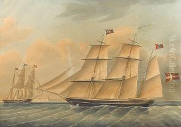 The Barque Caroline Smith Of Alborg, Two Views Off A Coastline - view 1