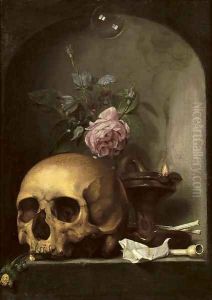 A 'vanitas' with a skull, mixed flowers, an oil lamp, pipes and a soap bubble in a stone niche by Hendrick Andriessen