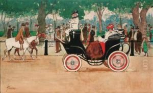 Figures In A Motorcar; And A Young Lady In A Motorizedcarriage by Lance Thackeray