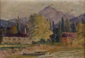 Flusslandschaft Mit Hausern Und Fahrsteg