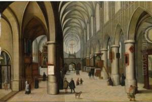 A Church Interior With Figures Strolling