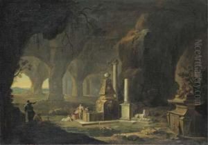 A Grotto With Figures By A Fountain