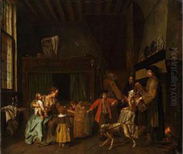 Genreszene In Burgerlichem Interieur Mit Einem Leierkastenspieler - view 1